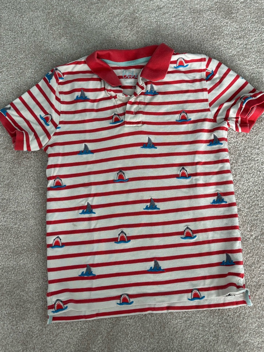 Boden Kids Red & White Striped Polo Shirt with Shark Print